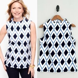 Talbots Women's Small Navy Blue White Multi Geometric Sleeveless Cotton Top NWOT